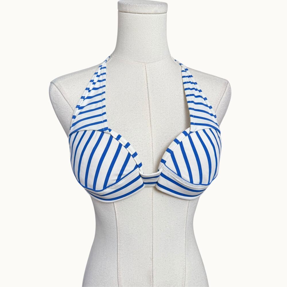 Polo Ralph Lauren Bikini Top L Blue White Striped Halter Underwire Swim